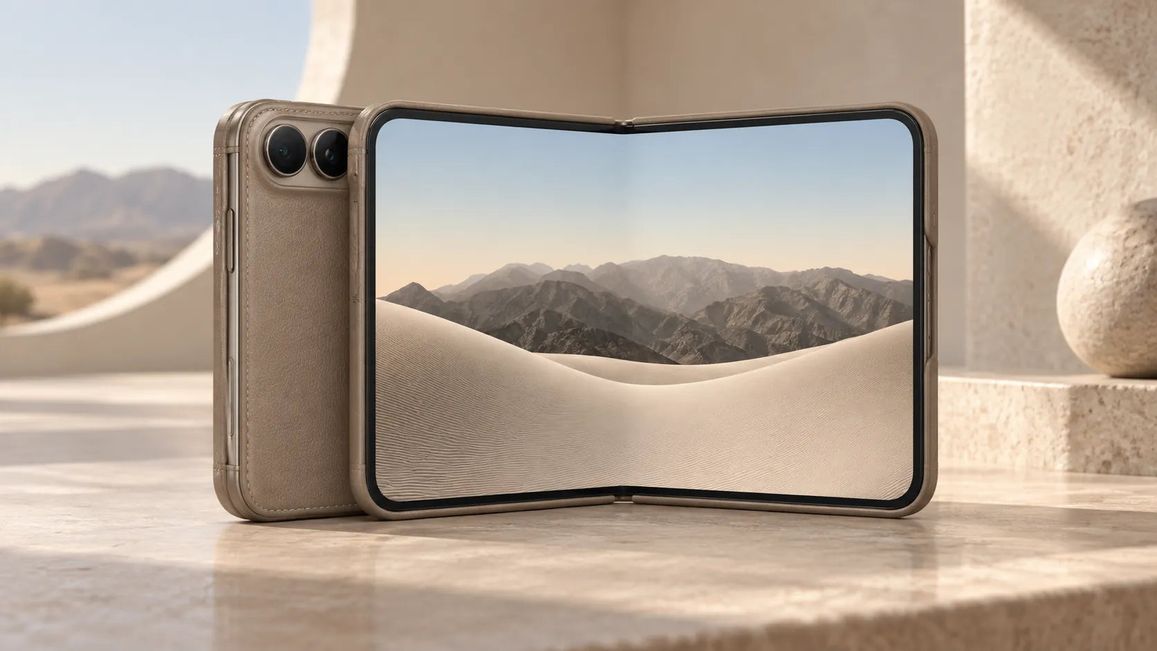 An iPhone Duo in a taupe leather-touch case, half open on travertine