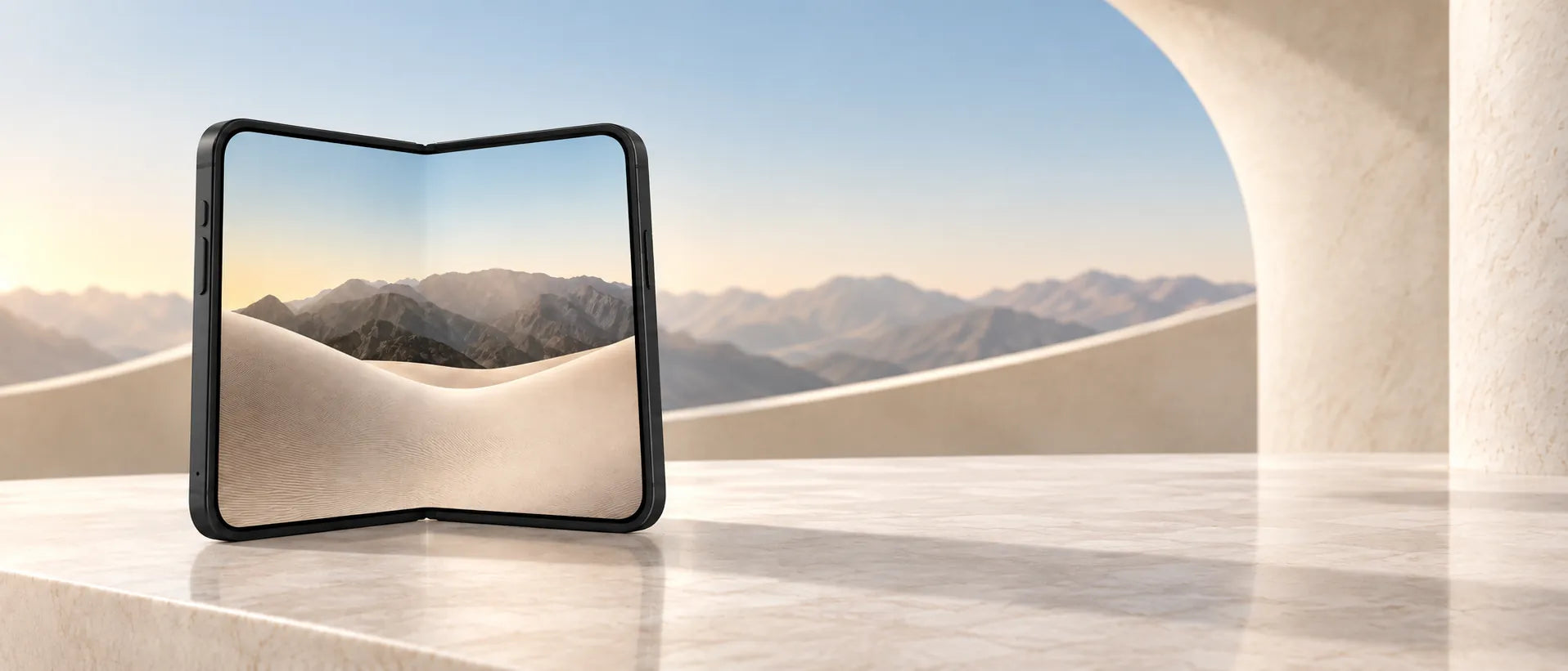 An iPhone Duo standing half open on marble under an arch