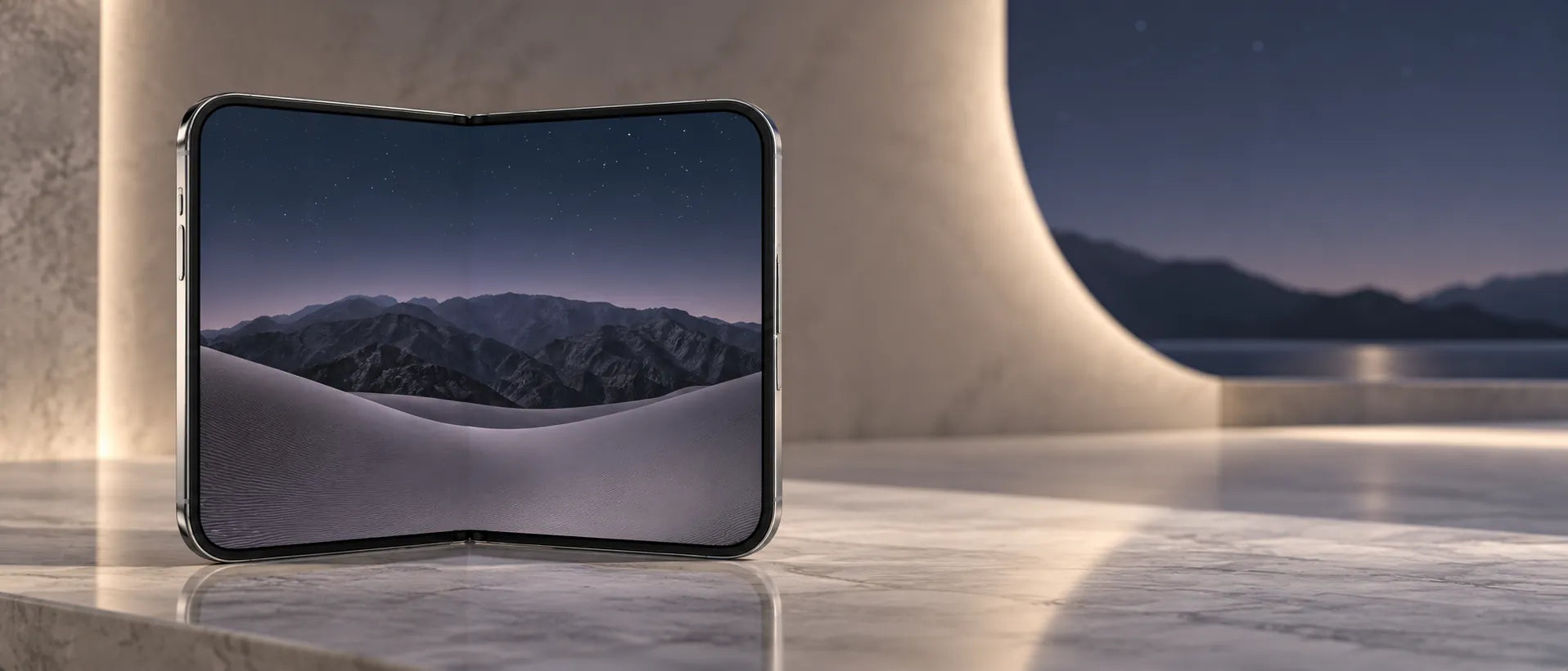 An iPhone Duo standing half open on marble at night