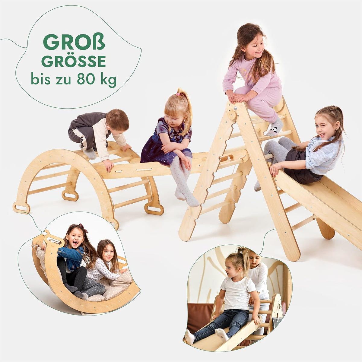 5in1 Montessori Klettergerüst Set: Kletterdreieck mit Rutsche, Kletterbogen, Kletternetz und Kissen, für Kinder 1-7 Jahre – Beige