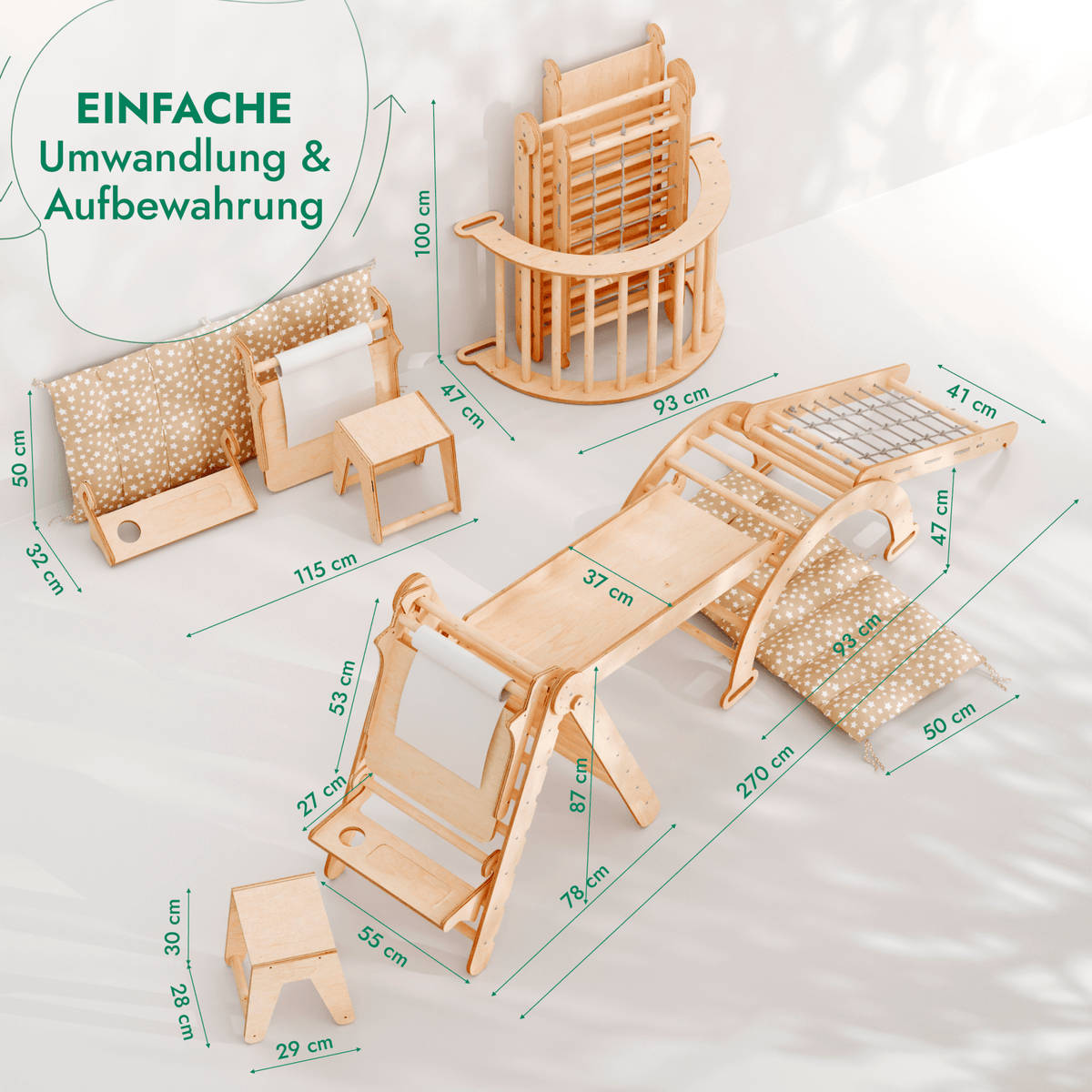 7in1 Montessori Klettergerüst Set: Kletterdreieck, Kletterbogen mit Kissen, Rutsche, Kletternetz, Maltafel und Kinderstuhl, für Kinder 1-7 Jahre – Beige