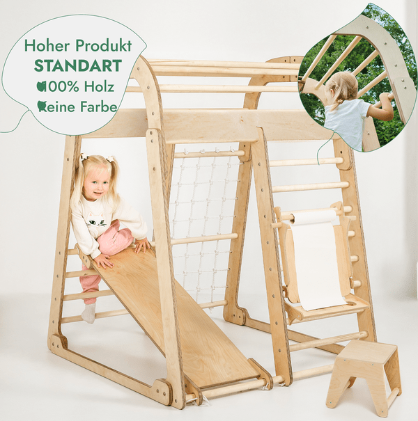 8in1 Indoor Spielplatz: Klettergerüst mit Kletternetz, Rutsche, Gymnastikringe, Hängende Leiter, Disc-Schaukel, Maltafel und Kinderstuhl – Beige
