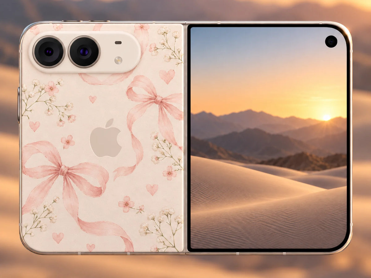 Ballet Bow iPhone Duo case in Blush, pink watercolour bows and baby's breath on blush, shown unfolded