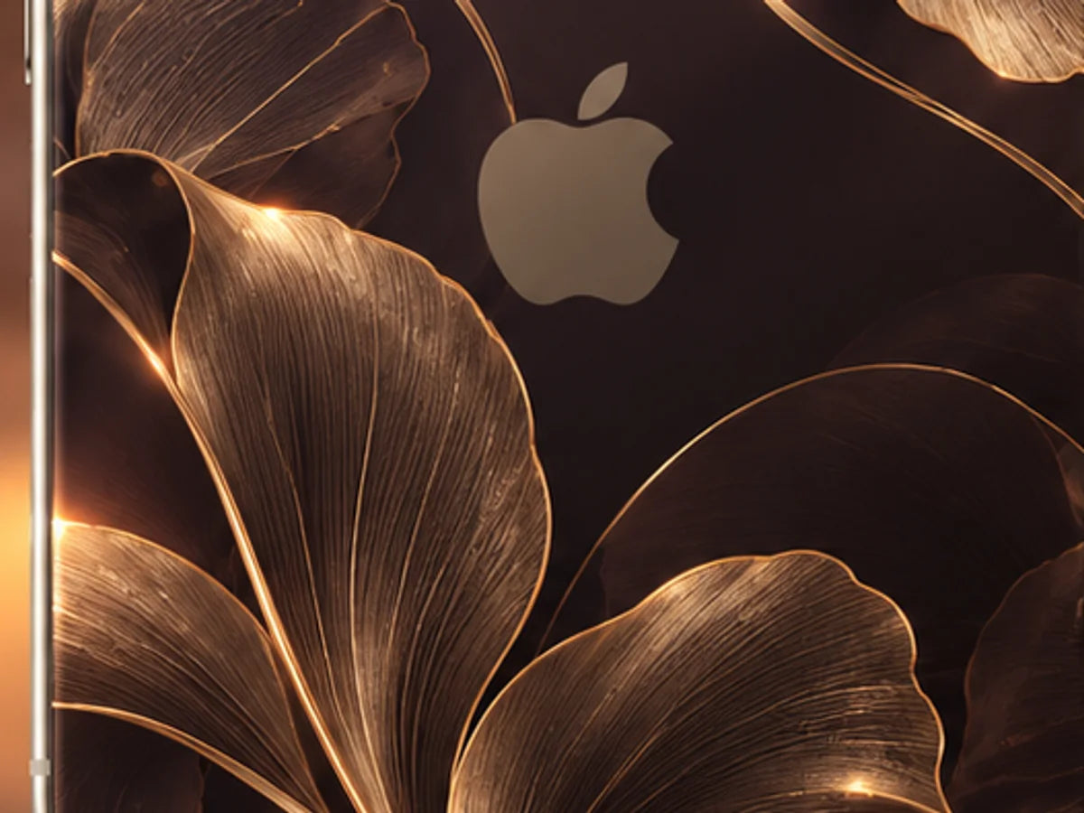 Bronze Ginkgo iPhone Duo case in Chocolate, the print up close