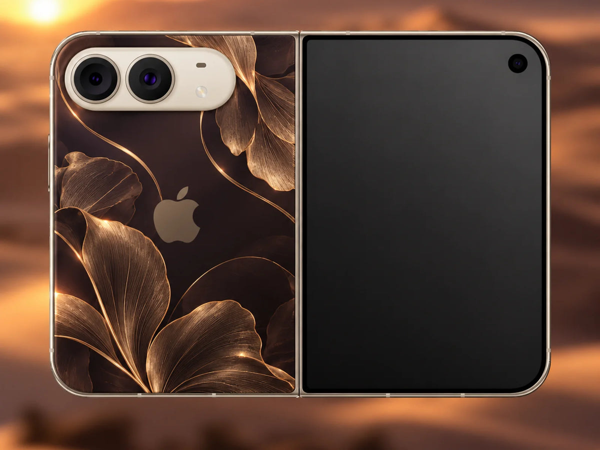 Bronze Ginkgo iPhone Duo case in Chocolate, bronze ginkgo leaves on dark chocolate, shown unfolded