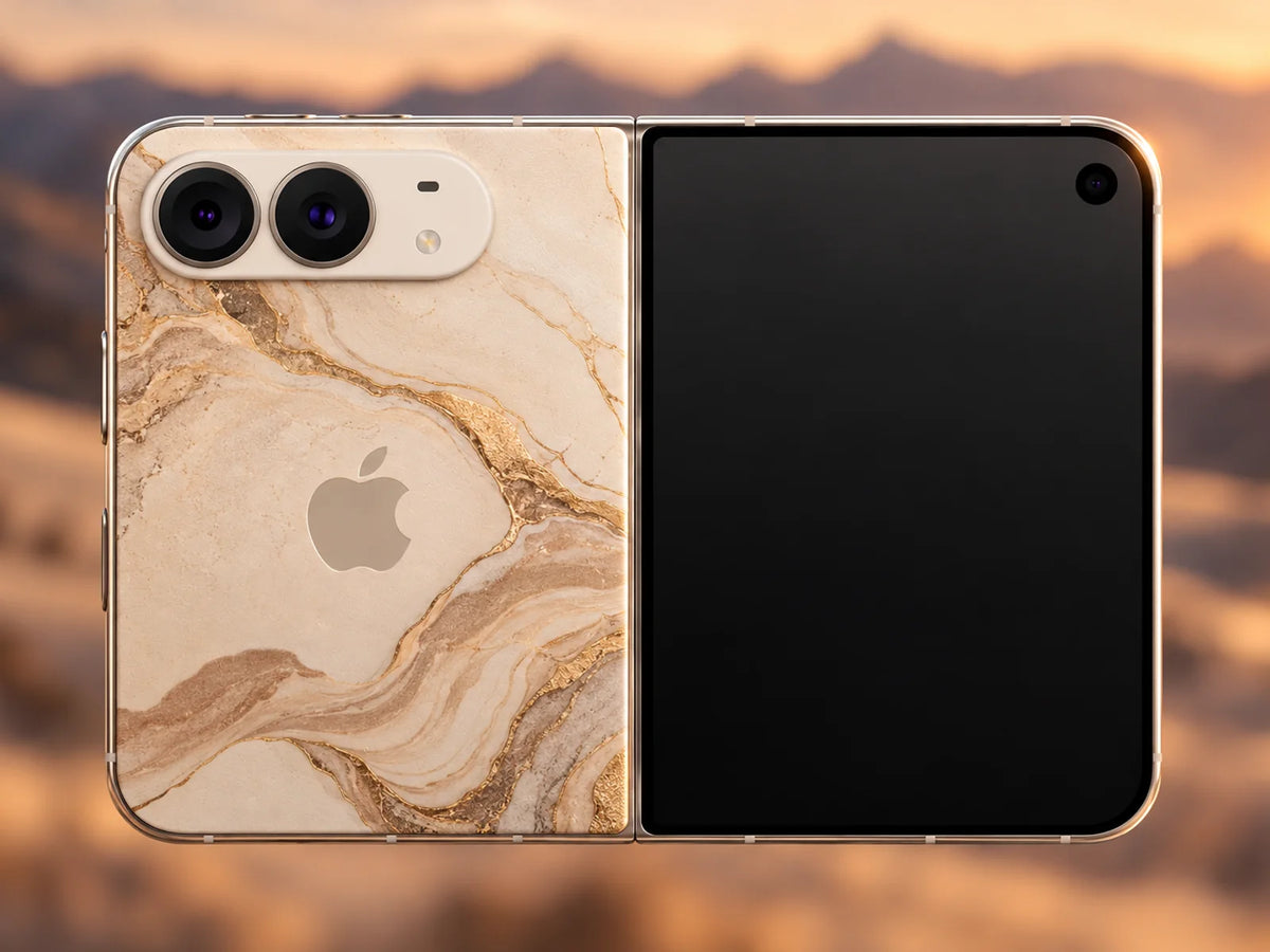 Desert Marble iPhone Duo case in Oat, cream marble with caramel and gold veins, shown unfolded