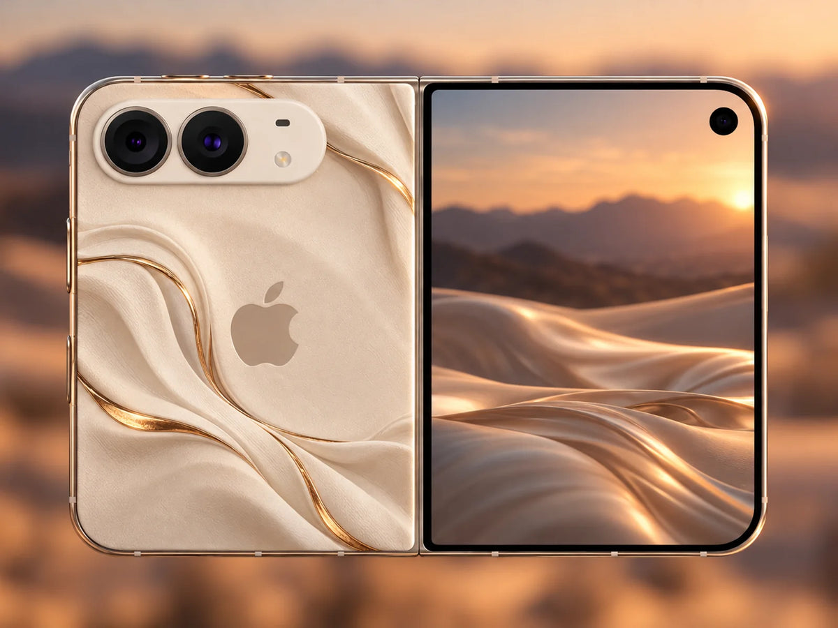 Gilded Petal iPhone Duo case in Ivory, cream petals edged in gold leaf, shown unfolded