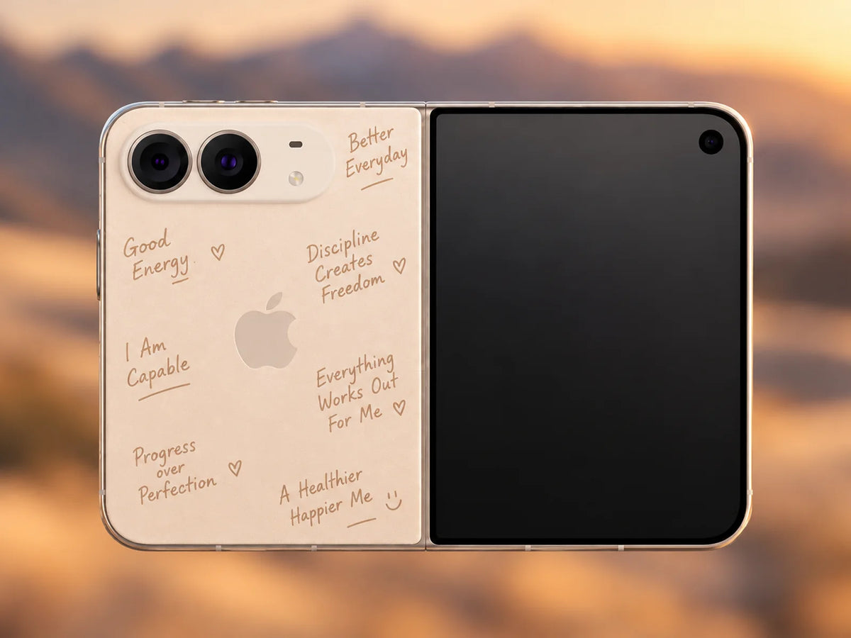 Good Energy iPhone Duo case in Ivory, handwritten affirmations in brown ink on cream, shown unfolded