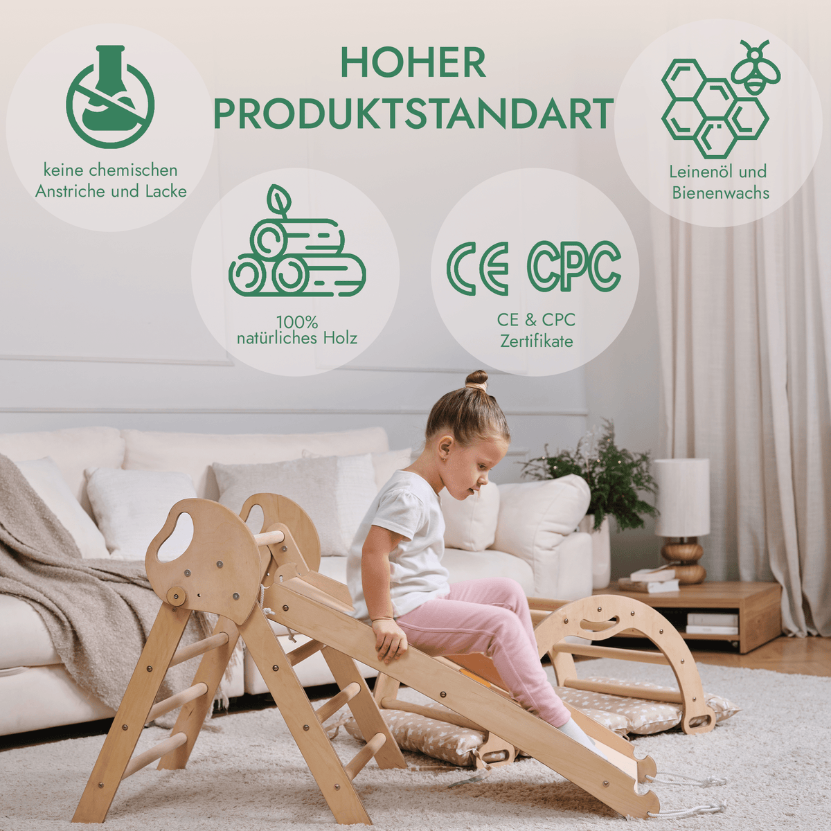 Montessori 4in1 Kletterdreieck für Babys: Pikler-Dreieck, Kletterbogen, Rutschbrett und Kissen für Kleinkinder (1–3 Jahre)