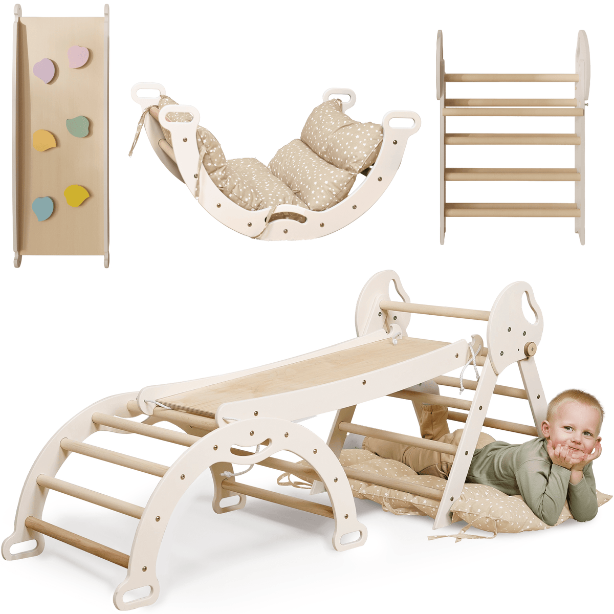 Montessori 4in1 Kletterdreieck für Babys: Pikler-Dreieck, Kletterbogen, Rutschbrett und Kissen für Kleinkinder (1–3 Jahre)