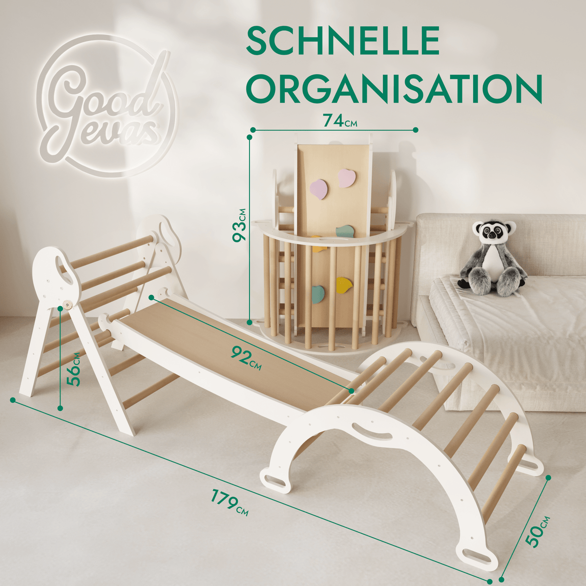 4-in-1 Kletterset für Kleinkinder: Pikler-Dreieck + Kletterbogen + Rutschbrett + Kissen - “Gebraucht – Wie neu”