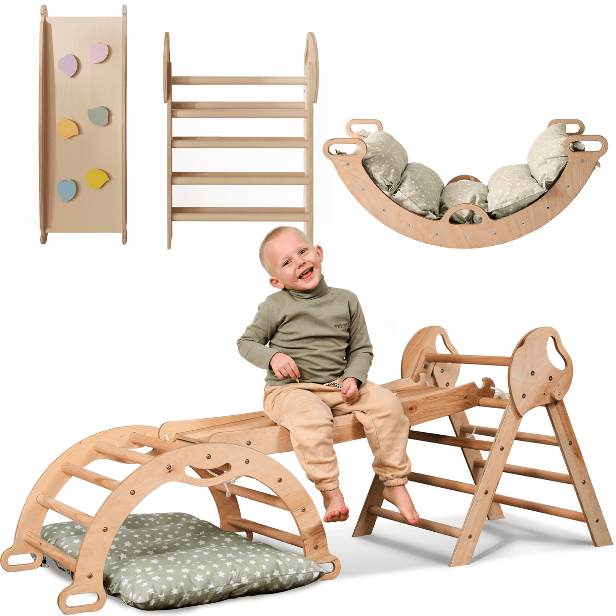 Montessori 4in1 Kletterdreieck für Babys: Pikler-Dreieck, Kletterbogen, Rutschbrett und Kissen für Kleinkinder (1–3 Jahre)