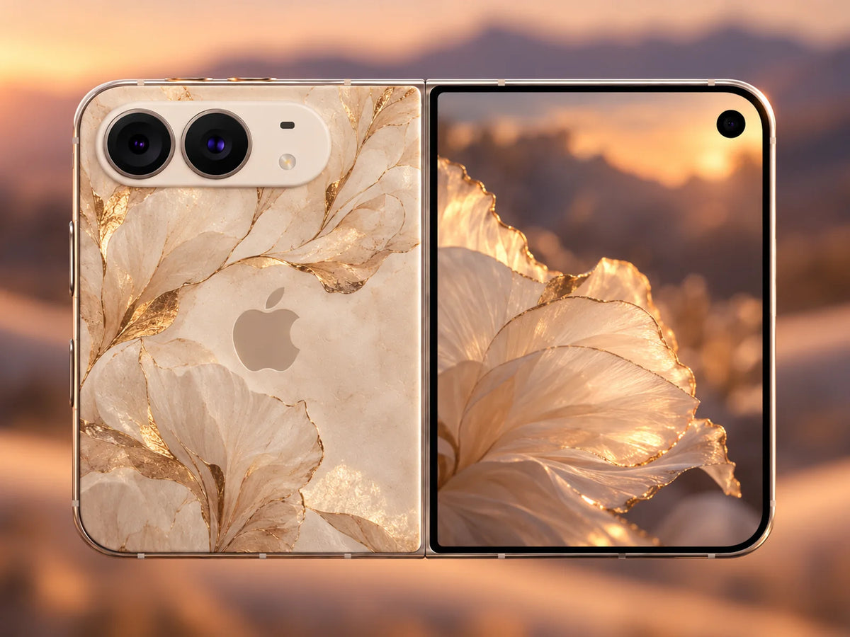 Silk Dune iPhone Duo case in Oat, cream sculpted folds threaded with gold, shown unfolded