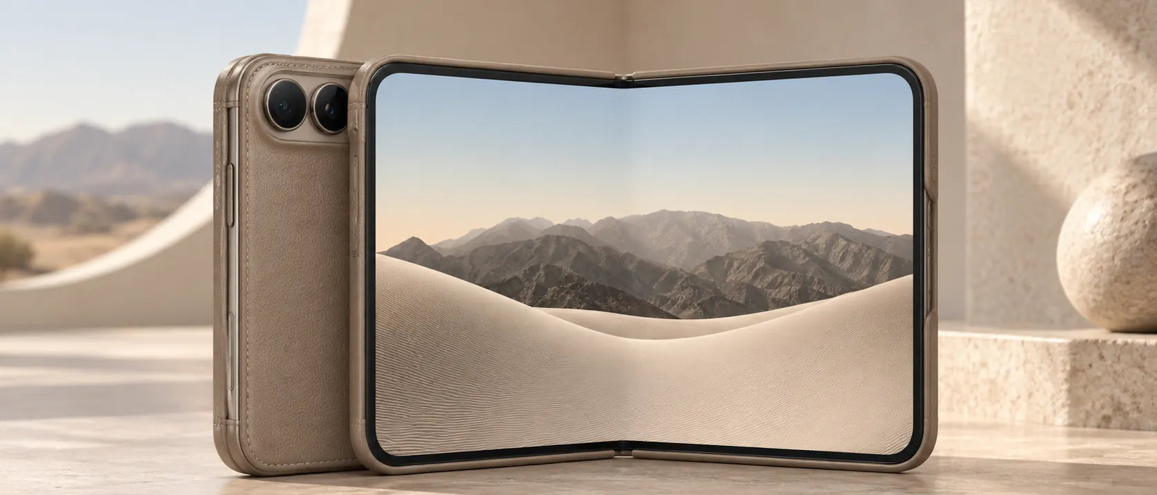 An iPhone Duo in a taupe leather-touch case, half open on travertine, desert mountains through an arch
